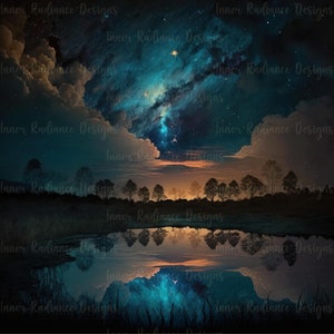 May include: A digital painting of a starry night sky reflected in a still lake. The sky is a deep blue with swirling clouds and a bright star in the center. The lake is calm and reflects the sky perfectly. The trees on the shore are silhouetted against the sky.