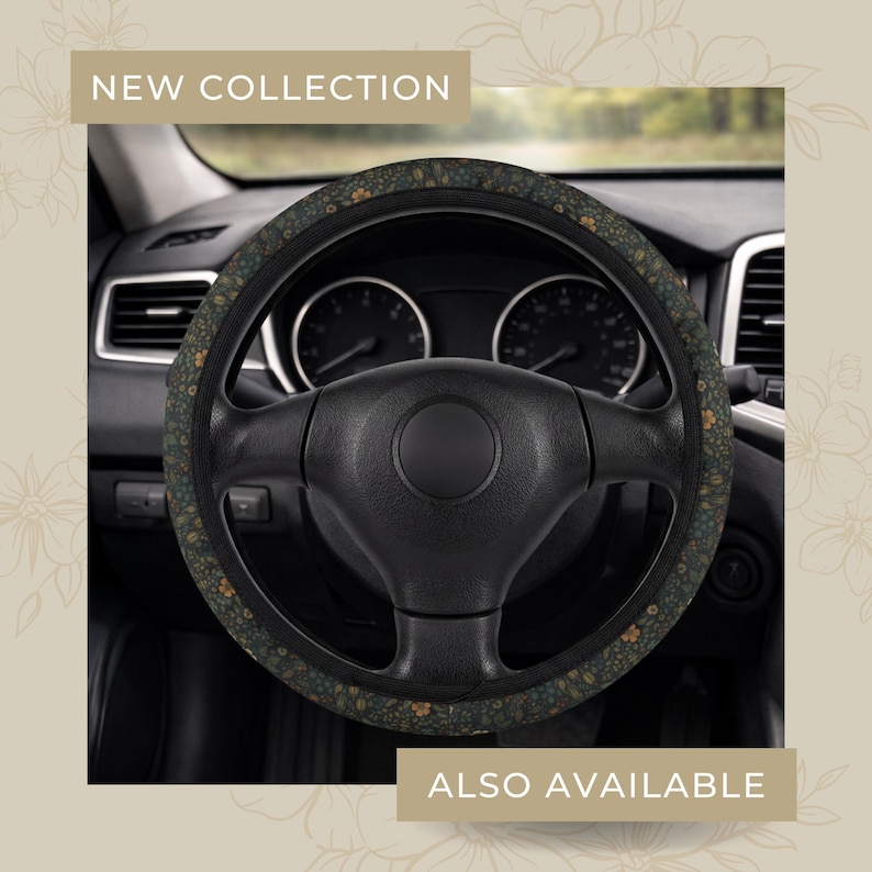 May include: A black steering wheel with a floral patterned cover. The cover features a dark green background with small yellow and blue flowers. The text "NEW COLLECTION" and "ALSO AVAILABLE" are visible.