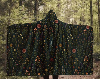 Cottagecore Whimsical Wildflower Hooded Blanket, Botanical Floral Wearable Throw, Dark Cottagecore Aesthetic Poncho Cloak, Witchy Gifts