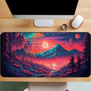 Mountain Landscape Gaming Mouse Pad, Synthwave Mountain Mousepad, Cubicle Decor, Desk Decor Aesthetic, XXL Mousepad, Cool Desk Mat