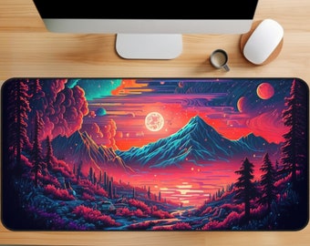 Mountain Landscape Gaming Mouse Pad, Synthwave Mountain Mousepad, Cubicle Decor, Desk Decor Aesthetic, XXL Mousepad, Cool Desk Mat