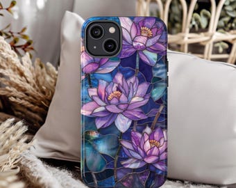 Stained Glass Lotus Flower Mosaic Phone Case, Cute Personalized Floral Phone Case-iPhone, Samsung Galaxy, Google Pixel, Purple Phone Cover