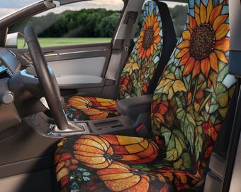Sunflower & Pumpkin Fall Car Seat Covers, Stained Glass Aesthetic Fall Decor for Car, Autumn Car Seat Covers, Cute Fall Decor for Vehicle