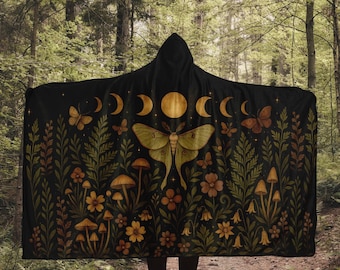 Dark Cottagecore Luna Moth Hooded Blanket, Whimsigoth Goblincore Moon Phase Wearable Blanket, Witchy Forest Aesthetic Poncho, Witchy Gifts