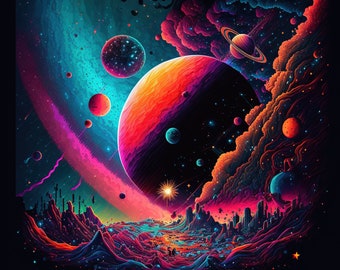 Könnte beinhalten: Ein lebendiger digitaler Kunstdruck, der eine farbenfrohe Galaxie mit Planeten, Sternen und Nebeln zeigt. Die Szene wird von einem großen, leuchtenden Planeten mit einer dunklen Seite dominiert, der von kleineren Planeten und Himmelskörpern umgeben ist. Das Kunstwerk ist in einem Stil gehalten, der an psychedelische Kunst erinnert, mit wirbelnden Farben und abstrakten Formen.