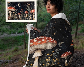 Dark Cottagecore Enchanted Forest Hooded Blanket, Mushroom Blanket Hoodie, Oversize Sherpa Hoodie Blanket, Cottagecore Fleece Blanket Hoodie