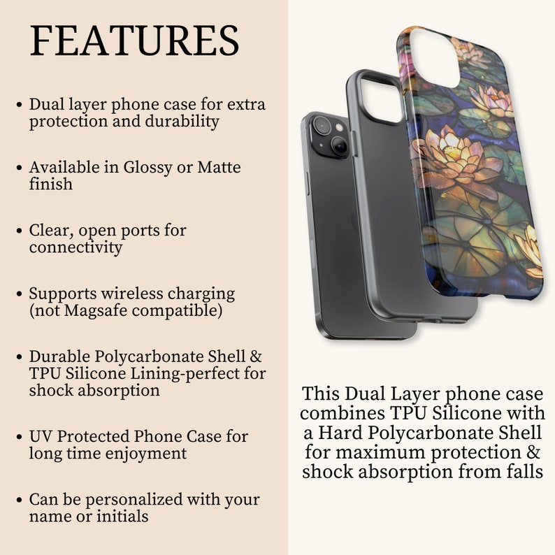 May include: A dual-layer phone case with a clear, protective design. The case features a hard polycarbonate shell and a TPU silicone lining for shock absorption. The case is available in glossy or matte finishes and supports wireless charging.