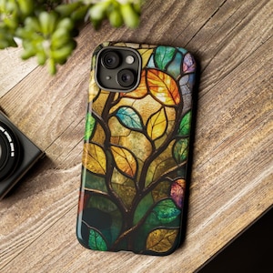 Whimsical Stained Glass Tree Phone Case, Aesthetic Leaf Mosaic Phone Case for iPhone, Samsung Galaxy, Google Pixel, Aesthetic Phone Case
