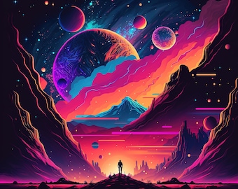 May include: A digital art illustration of a lone figure standing on a mountain peak in a colorful, surreal landscape. The sky is filled with stars and planets, and the mountains are a vibrant mix of pink, purple, and blue.