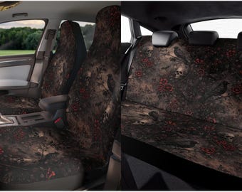 Dark Cottagecore Gothic Car Seat Covers and Steering Wheel Cover Set, Whimsigoth Raven & Rose Skull Car Decor, Witchy Whimsigoth Accessories