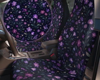 Fundas para asientos de coche con diseño de jardín encantado y flores silvestres moradas, juego de fundas para asientos de coche con estampado floral estilo cottagecore, accesorios botánicos bohemios y de estilo místico para mujer.