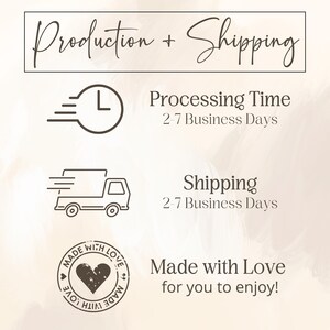 May include: An image with the text "Production + Shipping" at the top. Below are icons and text indicating processing and shipping times of 2-7 business days. A heart-shaped stamp reads "Made with Love for you to enjoy!"