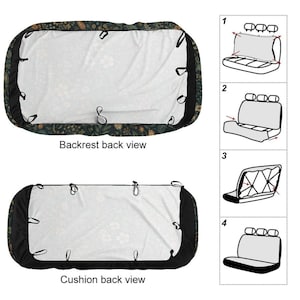May include: Car seat covers with a floral pattern. The backrest cover and cushion cover are shown, along with diagrams illustrating installation steps. The covers have black edges and elastic straps for secure fitting.