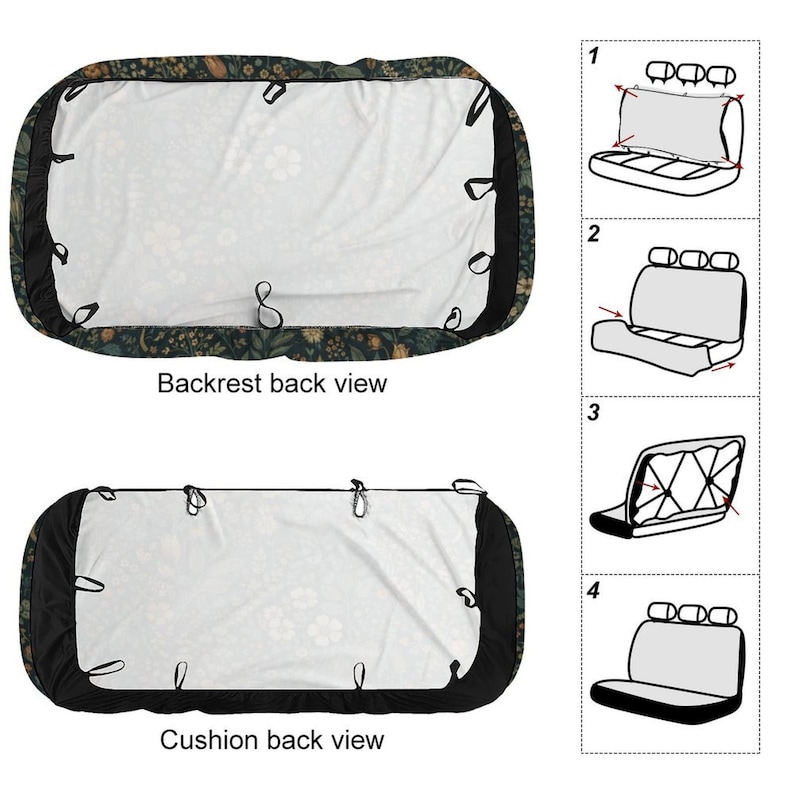 May include: Car seat covers with a floral pattern. The backrest cover and cushion cover are shown, along with diagrams illustrating installation steps. The covers have black edges and elastic straps for secure fitting.