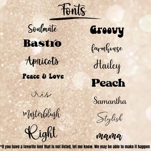 May include: A list of font styles in black text on a glittery background. Font names include Soulmate, Groovy, Bastro, farmhouse, Apricots, Hailey, Peace & Love, Peach, iris, Samantha, Masterblush, Stylish, Right, and mama. The word "Fonts" is at the top.