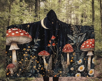 Dark Cottagecore Witchy Aesthetic Hooded Blanket, Mushroom Blanket Hoodie, Oversize Sherpa Hoodie Blanket, Cottagecore Fleece Blanket Hoodie