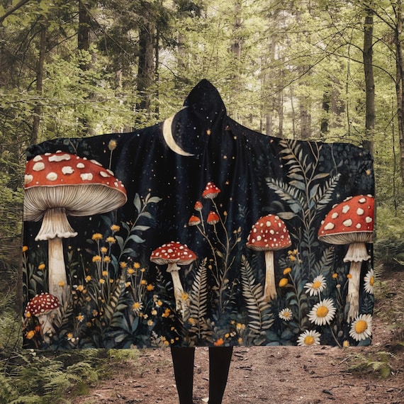 Dark Cottagecore Witchy Aesthetic Hooded Blanket, Mushroom Blanket Hoodie, Oversize Sherpa Hoodie Blanket, Cottagecore Fleece Blanket Hoodie
