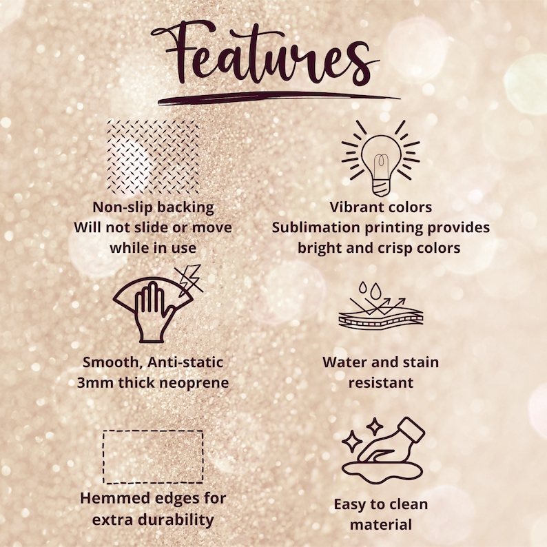 May include: Image with the word "Features" at the top, showcasing product details. Includes icons and text describing non-slip backing, vibrant colors, smooth anti-static neoprene, water and stain resistance, hemmed edges, and easy-to-clean material.