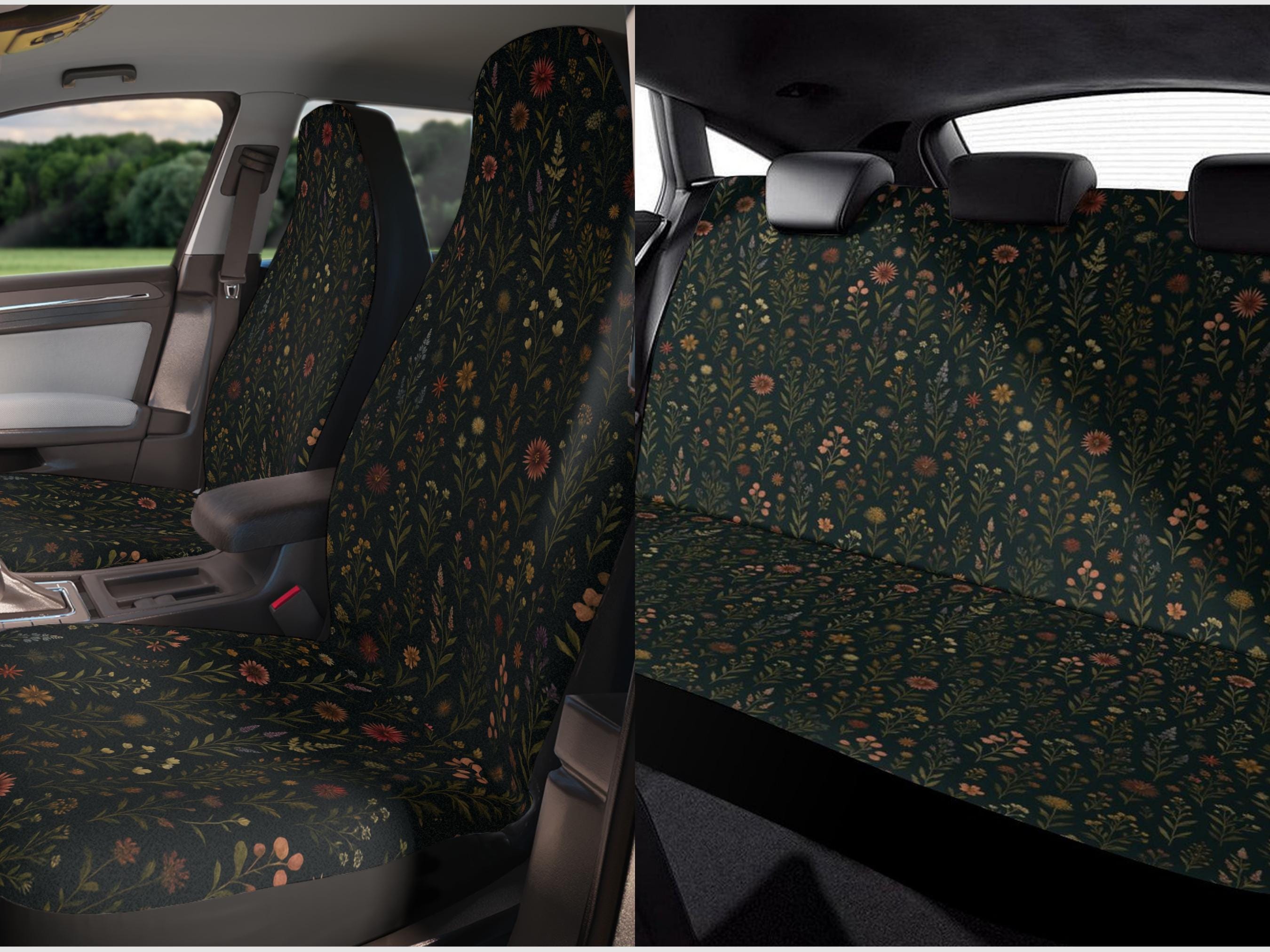 Cottagecore Boho Wildflower Car Seat Covers, Dark Cottagecore Floral Car Seat Cover Set, Boho Witchy Botanical Car Accessories for Women