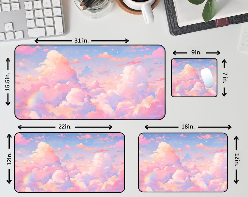 May include: Three different sizes of mouse pads with a pink and blue sky and clouds design. The largest mouse pad is 31 inches by 15.5 inches, the medium mouse pad is 22 inches by 12 inches, and the smallest mouse pad is 18 inches by 12 inches.