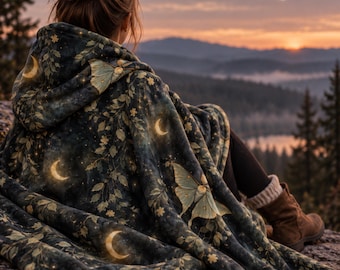 Whimsigoth Luna Moth Hooded Blanket, Celestial Moth Wearable Blanket or Poncho, Witchy Sherpa Fleece Blanket, Dark Cottagecore Witchy Gifts
