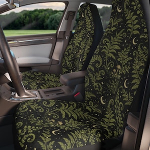 Cottagecore Enchanted Forest Moon & Fern Car Seat Covers Steering Wheel Cover Set, Dark Botanical Moon Fern Witchy Cover Set Accessories