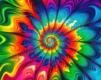 May include: A colorful abstract design with a swirling pattern of red, orange, yellow, green, blue, and purple. The design resembles a flower with a central point and radiating petals.
