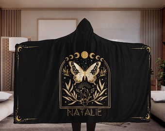 Witchy Whimsigoth Aesthetic Hooded Blanket, Cottagecore Moth Sherpa Hoodie Blanket, Personalized Fleece Blanket Hoodie, Witchy Gifts for Her