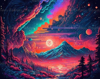 Op de afbeelding: Een digitale kunstprint met een levendig landschap met een bergketen, een rivier en een volle maan in een kleurrijke lucht. De lucht is gevuld met wolken en sterren, en de kleuren zijn helder en verzadigd. De afbeelding is een surrealistische en dromerige weergave van de natuur.