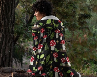 Couverture à capuche Cottagecore champignon, couverture à capuche en sherpa champignons, couverture à capuche oversize en sherpa, couverture en polaire Cottagecore à capuche