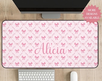 Personalized Pink Bow Aesthetic Deskmat, Custom Coquette Mouse Pad, Personalized Gift Office, Pink Cubicle Decor & Desk Decor, Preppy Stuff