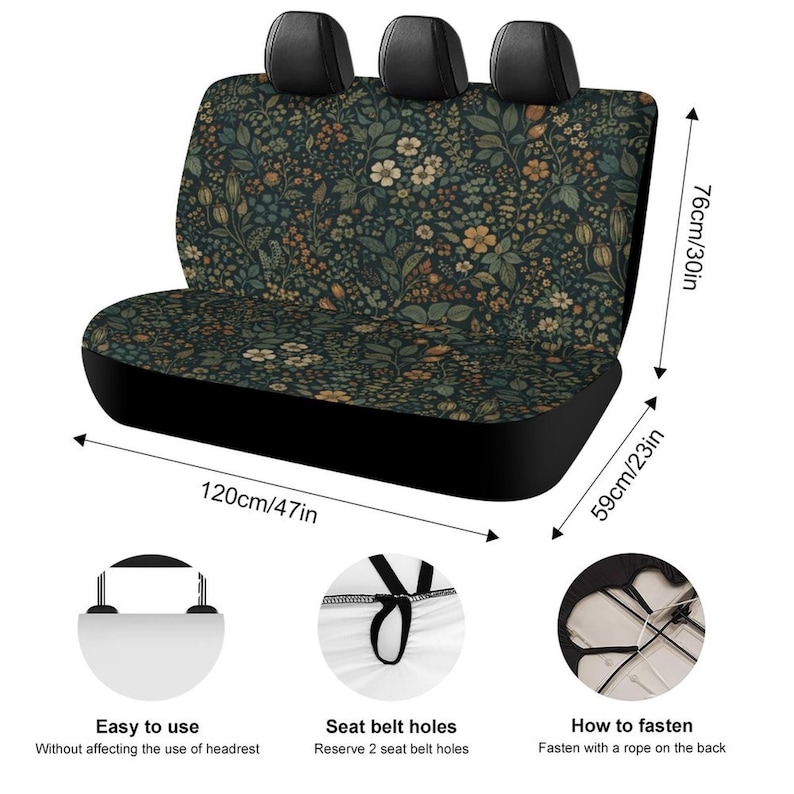 May include: Car seat cover with a floral pattern in shades of green, brown, and cream. The cover measures 47 inches wide, 30 inches high, and 23 inches deep. Features include easy installation, seat belt holes, and a rope fastening system.