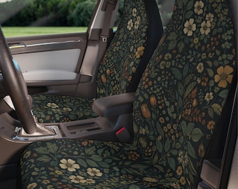Dark Cottagecore Vintage Wildflower Car Seat Covers & Steering Wheel Cover Set, Green Floral Botanical Car Seat Cover Set and Accessories