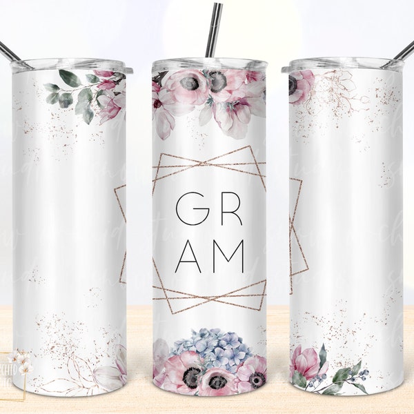 Gram floral 20oz tumbler PNG, Seamless tumbler file, Skinny tumbler PNG design, Watercolor design wrap, Digital download