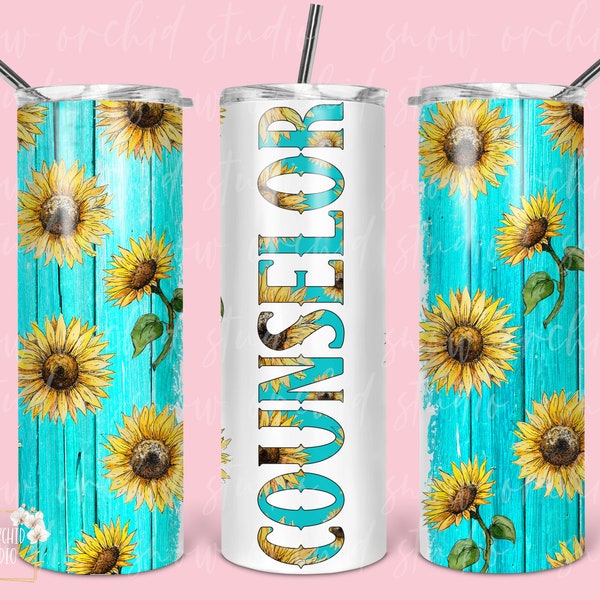 Counselor sunflower 20oz tumbler PNG, Seamless tumbler file, Skinny tumbler PNG design, Western design wrap, Digital download