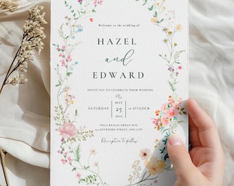 Wildflower Wedding Invitation Template, Wildflower Wedding Invite, Boho Wildflower Invitation, Floral Wreath