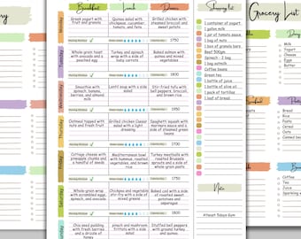 Weekly Meal Planner Printable: Food Diary, Grocery List Menu Prep for Diet & Fitness