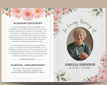 Editable Blush Floral Geometric Funeral Program Template | Celebration of Life & Memorial Service Program
