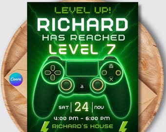 Editable Video Game Birthday Invitation | Level Up Arcade Party Invite | Neon Glow Gamer Canva Template
