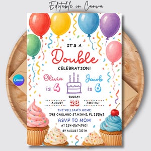 Editable Join Party Birthday Invitation | Sibling Double Birthday Invite | Joint Birthday Party Canva Template