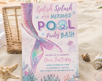 Mermaid Pool Party Invitation | Editable Birthday Template (Digital Download