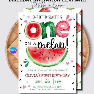 Puede incluir: Plantilla de invitación de cumpleaños con temática de sandía. El diseño presenta un estilo de acuarela con una rodaja de sandía y las palabras "one in a melon". La invitación incluye el texto "Olivia's First Birthday" y los detalles del evento.
