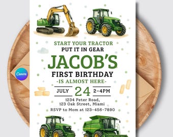 Green Tractor Birthday Invitation – Farm Theme Party (Digital Download)
