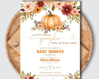 Edytowalny zestaw zaproszeń na baby shower w kolorze bordowym z motywem dyni – zestaw zaproszeń na baby shower w kolorze małej dyni, szablon boho
