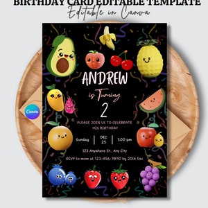 Dansend fruit verjaardagsuitnodiging, kawaii feestuitnodiging sjabloon, Kid's Fruity Party, afdrukbare tropische zomer verjaardagskaart, jongen verjaardag