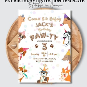 Dog Birthday Party Invitation editable template, Dog Pawty Invitation, Puppy Birthday Invite Pink Girl Doggy Shelter Animal Pet Vet Download