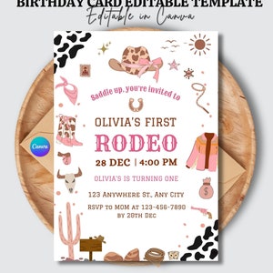Editable My first Rodeo Invitation Template | Cowgirl 1st Birthday Invite | Wild West Cowgirl Party | Southwestern Ranch Theme
