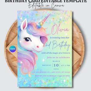 Unicorn Birthday Invitation Pastel Rainbow Party Invite, Magical Party Invite Girl Pink Pastel, First Digital Unicorn Party Template