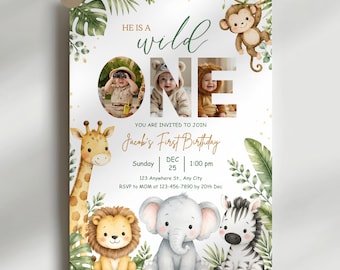 Wild One Safari 1st Birthday Invitation Template | Jungle Animals Birthday Invite | Editable Canva Digital Download Photo & Text Invite