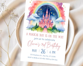 Invitación de cumpleaños editable con diseño de arcoíris para niñas / Invitación de fiesta con arcoíris rosa y dorado, nubes y corazones